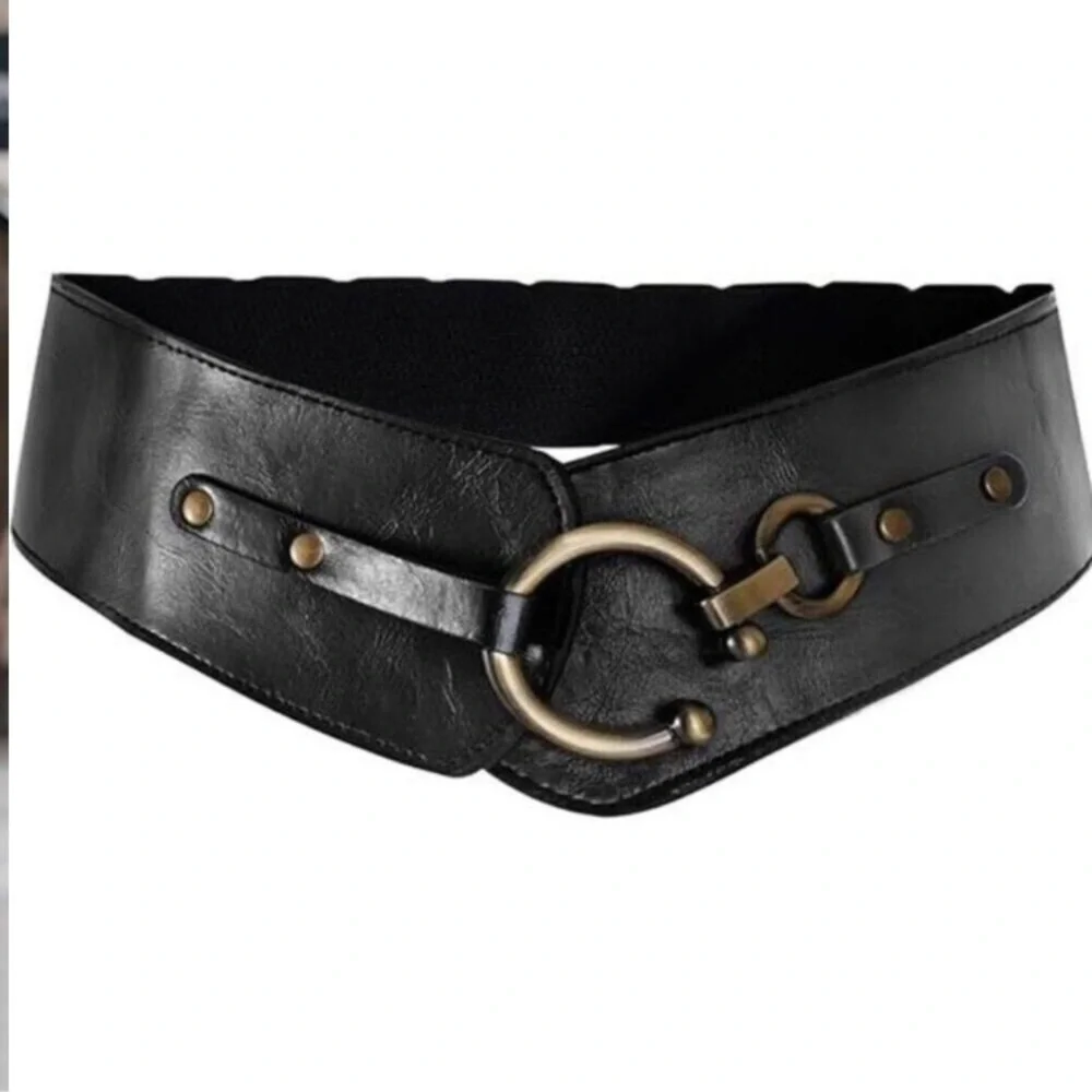 Women's Wide Elastic Waist Belt  Black Vegan Leather Stretch Interlock Buckle